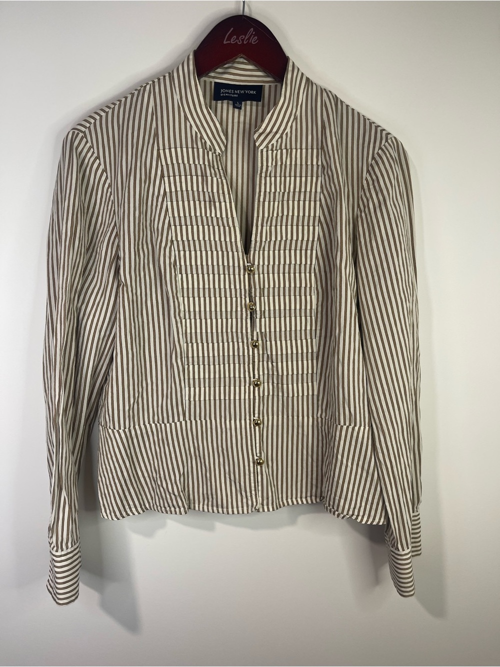 Jones New York Cream and Brown Striped Pintuck Button-Front Shirt